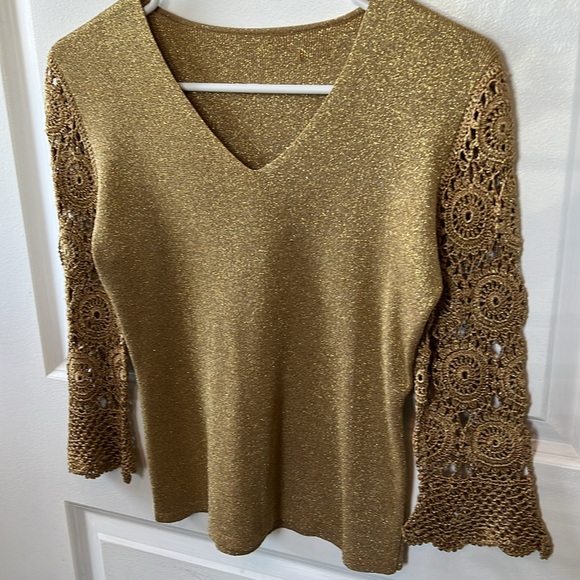 Vtg 90s Y2K gold threaded CROCHET sleeve sweater top S M disco jeans glam boho - Picture 4 of 9